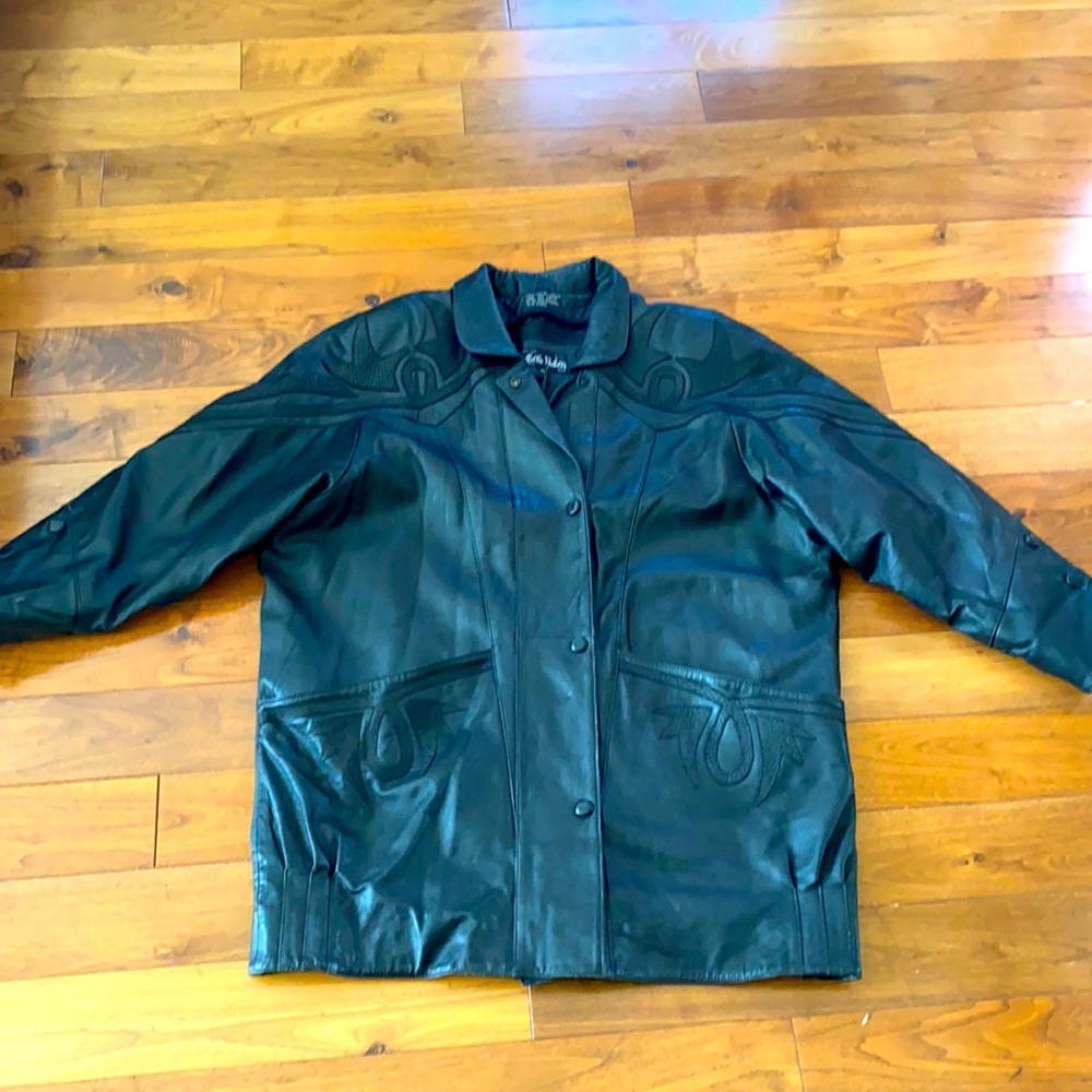 Vintage Black Leather Jacket Vintage Appliqué 80s 90s Style Size 3X